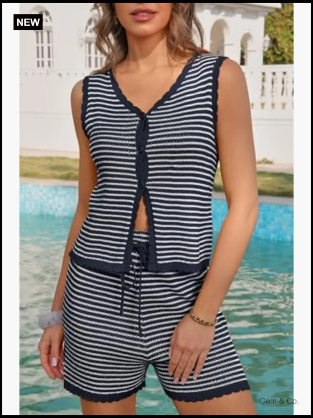 Striped 2 Piece Shorts Set Button Down Vest Top Matching Set